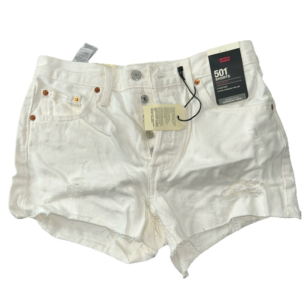 Levis Premium 501 Womens Shorts 27 White Distressed Cut Off Denim A0205-0010